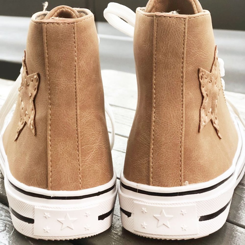 NEW High Top Faux Leather Stitch Star Patch Casual Sneakers Shoes Camel Beige - Picture 7 of 11